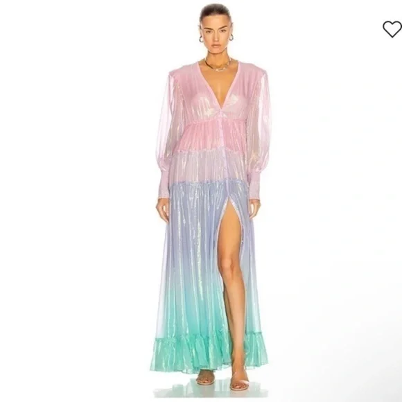 Rococo Sand Emi Metallic Shimmer Purple and Pink Long Sleeve Maxi Dress - Picture 6 of 15